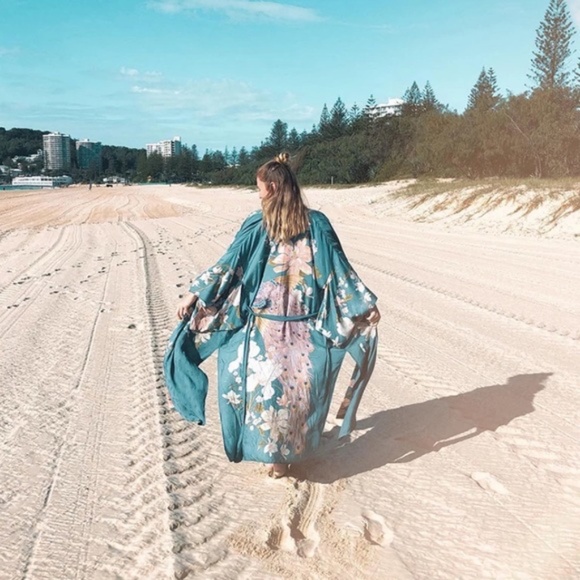 #21 Bohemian Teal Blue Floral Peacock Kimono Duster Robe Cover up - Picture 2 of 10